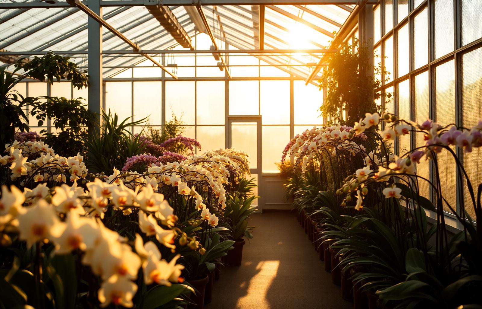 A sunlit greenhouse filled with blooming orchids